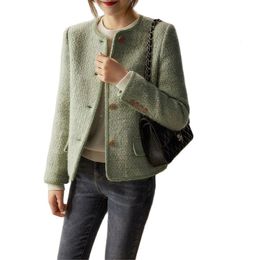 Mulheres misturas de lã mulheres clássico verde tecido tweed artesanato curto jaqueta falsa queda magro outwear senhoras casaco de lã 230828