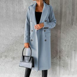 Mélange de laine pour femmes, veste longue, coupe cintrée, Double boutonnage, couleur unie, manteau en laine, automne hiver, col rabattu, vêtements d'extérieur, pardessus 230828