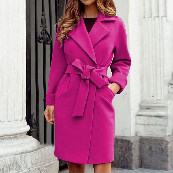 Mezclas de lana para mujer Mujeres Pink Trench Coat Casual Mid Long Overcoat Solapa Open Front Cardigan Outwear Woolen Boot Chaquetas de invierno para 230818