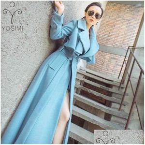 Womens Wool Blends Yosimi 2021 Herfst Winterjassen Dames Maxi Fl Sleeve Lange Jas Blauw Plus Size Famale S-Xxl Wollen Jassen Drop Deli Dhxfe