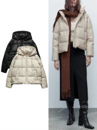 Dameswolmengsels ZBZA Herfst Winter Verdikte Warme PU Imitatieleer Korte Gewatteerde Jas met Capuchon Top Faux Parka Jas 231021