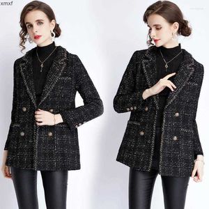 Dames wollen lente herfst winter Franse tweed korte blazer longsleeve dubbele rijveerde plaid vrouwen casual pure zwarte jassen jas uit het kader mvfo