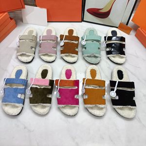 Wollen damessandalen Designer Fashion Slide Epsom kalfsleren sandalen Klassieke wollen pantoffels met platte bodem 35-42