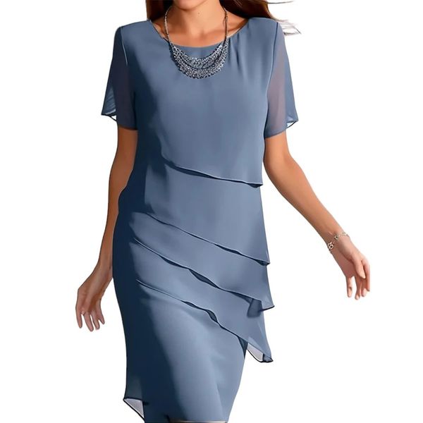 Vestido de trabajo para mujer Vestido tubo de gasa Midi en capas Cuello redondo Manga corta Llanura Ajuste holgado Vino Azul Verde Verano 240306