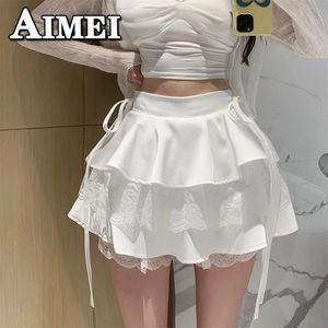 Y2K Dameskleding Zomer Witte Ruche Minirok Kant Patchwork Leuke Hoge Taille Sexy Aline Korte Rokken Koreaanse Stijl 2023 240327