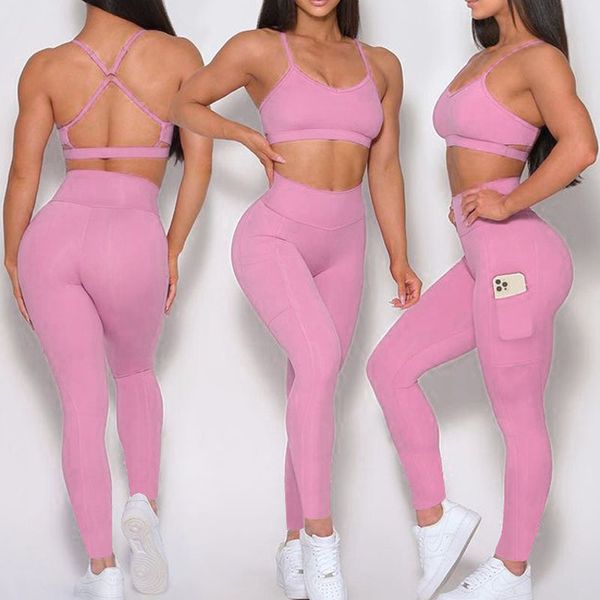 Yoga pour femmes en forme taille haute fil de course fort extensible multicolore Fitness dos nu gilet soutien-gorge et pantalons costumes sans couture hanche-levage Leggings survêtements