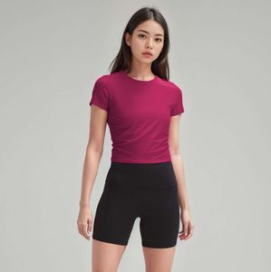 T-shirt de yoga pour femmes, haut d'été, col rond, manches courtes, tout ce qu'il faut, élastique, respirant, sport, Fitness, couleur unie, Lululemeni