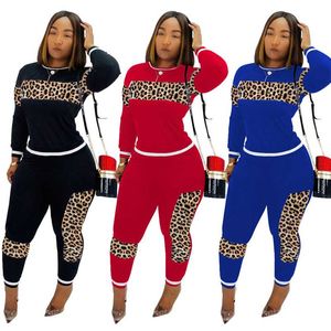 Womentracksuit Leopard Camouflage Splicing Tracksuit Two Piece Set Sweatshirt Top and Pantal