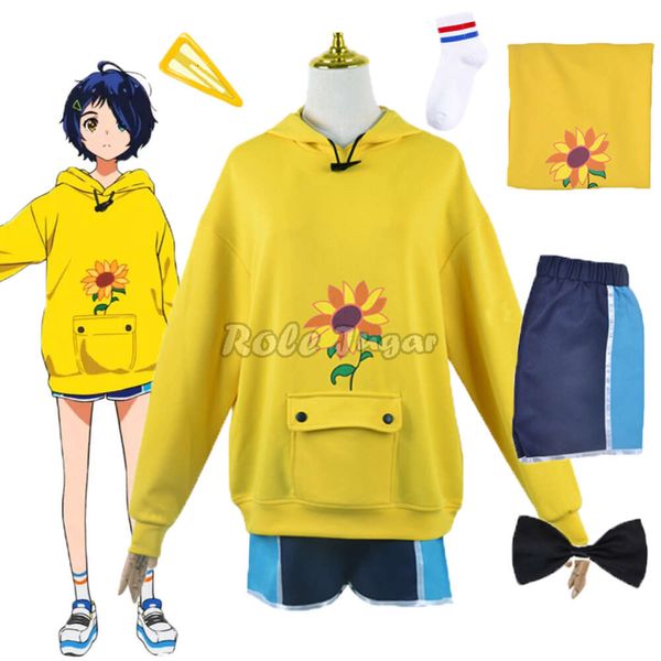Wonder Egg Priority Cosplay Ohto Ai pull à capuche pour femmes, sweat-shirt imprimé jaune, short, perruques de Costume, tenues d'halloween Anime