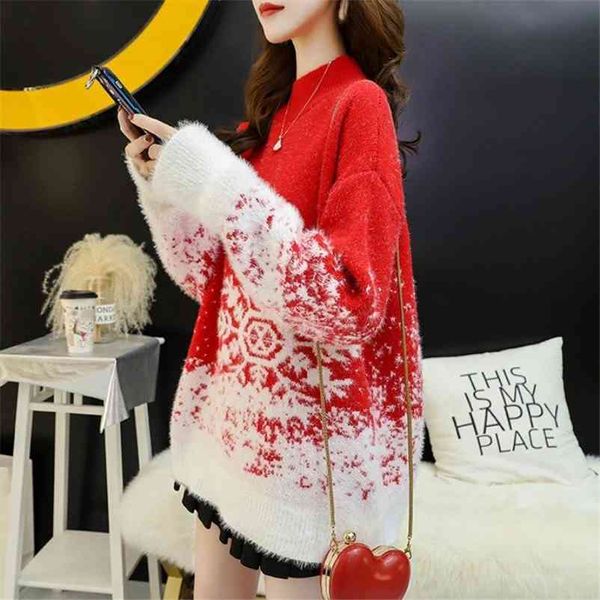 Wonder Red Christmas Sweater Largo Copo de nieve Manga gruesa Jerseys de punto Vintage Tops cálidos 210510