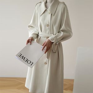 Merveille solide long manteau coréen bureau chaud élégant ceinturé vintage pardessus coupe-vent décontracté manteaux outwears 210510