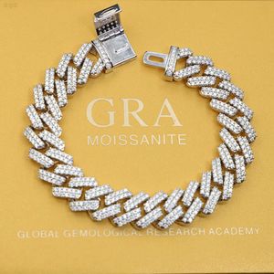 Merveilleux détail 925 argent 10-18mm Hip Hop feu libre Moissanite diamant 2 rangées Bracelet chaîne à maillons cubains
