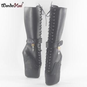 WonderHeel Nieuwe Ballet Knie Hoge Laarzen 18 cm Wiggen Heel Matte Lederen Mode Lace Up Sexy Fetish Afsluitbare Hangsloten Dameslaarzen