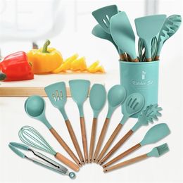 Wonderlife Silicone Cooking Utensils Set anti-aanbak spatel schop houten handgreep kookgereedschap ingesteld met opbergkast keukengereedschap T200415