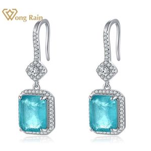 Wong Rain 100% Vintage 925 Sterling Silver Paraiba Tourmaline Gemstone Drop Dangle Diamants Boucles d'oreilles Fine Bijoux Cadeau En Gros 210317