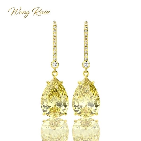 Wong Rain 925 Plata esterlina Citrino Piedra preciosa Gota Cuelga Diamantes Oro amarillo Aniversario Pendientes Joyería fina Regalo al por mayor 210317