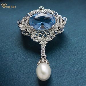 Wong Rain 925 Sterling Sliver Ovaal Blauwe Spinel Pearl High Carbon Diamond edelsteen broche broches Fine Jewelry Anniversary Gifts 240418