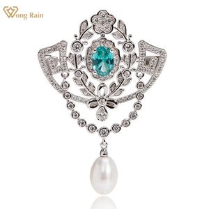 Wong Rain Luxury 925 Sterling Sliver Sapphire High Carbon Diamond Natural Pearl Gemstone Brooch Brooch Broochs Fine Bijoux 240418