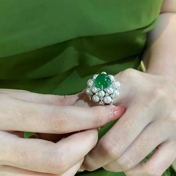 Abuela Vintage Plata de ley 925 Esmeralda Perla Piedra preciosa Boda Joyería fina Anillo de cóctel para mujer Regalos de aniversario para ella con caja