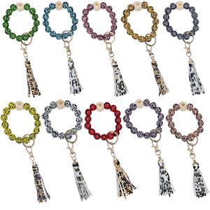 Bois Perle Bracelets Party Favor Imprimé Léopard Porte-clés À La Main En Cuir Gland Bracelet Pendentif Mode Bracelet Bracelets Titulaire Poignet Anneau Bijoux B8196