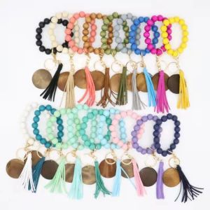 Bracelet en perles de bois, porte-clés, disque vierge, pompon, pendentif, multicolore pur, en option, ZZ