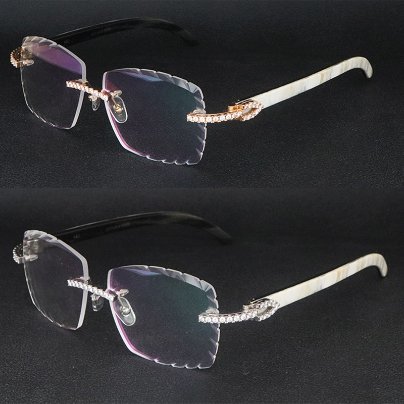 Holzbrille, Moissanit-Diamant-Set, Rand, Designer-Brille, Damen, Vintage, Herren, Original, innen weiß, schwarze Büffelhorn-Conches, optische randlose Brille für Herren