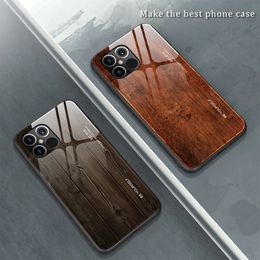 Coque de téléphone à Grain de bois, étui en verre trempé pour iPhone 11 12 14 13 Pro Max 12Mini SE XR XS MAX X 6s 7 8 plus