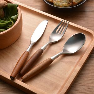 Ensemble de couverts à manche en bois couteau fourchette cuillère ensemble de vaisselle de cuisine occidentale 304 couteau à steak et vaisselle moderne