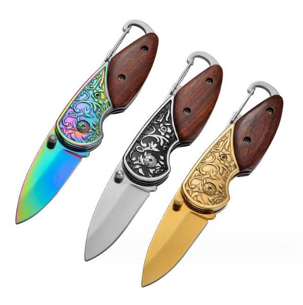 Manche en bois couteaux pliants porte-clés de poche couteau à lame en acier pliant multifonctionnel couteau de chasse de survie en plein air Edc multi outil