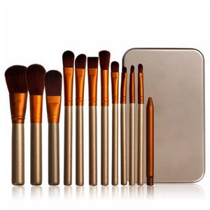 Houten Handvat Make-up Borstels Set Foundation Eyeliner Oogschaduw Borstels Kit Cosmetische Makeup Gereedschap Met Doos 12pcs / Set RRA780