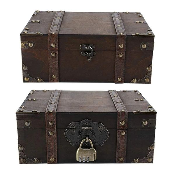 Boîte de coffres au trésor en bois et cuir, support de rangement décoratif avec couvercle 240327