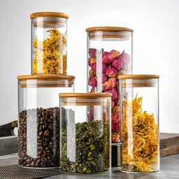 Wood Lid Glass Airtight Canister Food Container Tea Coffee Beans Kitchen Storage Bottles Jar Sealed Grounds Candy Jars Organizer