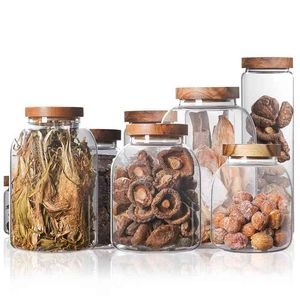 Bouteilles de stockage en verre avec couvercle en bois, boîte hermétique transparente, récipient alimentaire de cuisine, organisateur de céréales diverses, pot de bonbons, réservoir