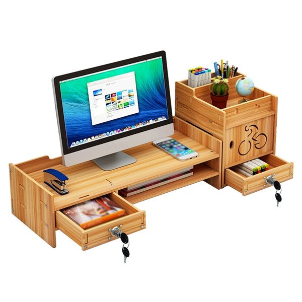 Soporte de monitor de madera Soporte de computadora de escritorio Soporte de soporte LED LCD Estante de cajón de almacenamiento de archivos con / sin cerradura - Marrón B