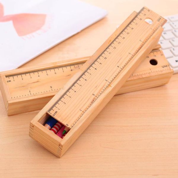 Boîte à crayons en bois avec règle, trousse à crayons en bois, boîte de rangement de papeterie fournitures SN742