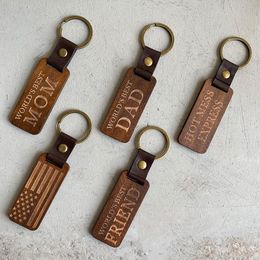 Bois Personnaliser BlanksKeychains Pour Gravure Porte-clés en cuir fait à la main Rectangle Bagages en bois Décoration Porte-clés DIY Thanksgiving Fête des mères Cadeau de fête des pères