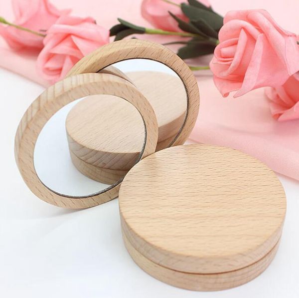 Espejo redondo pequeño de madera, espejo de bolsillo portátil, Mini espejo de maquillaje de madera, recuerdo de fiesta de boda, regalo, logotipo personalizado WWA142