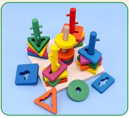 Tri de bois empiler les jouets Montessori Shape Color Reconntion Blocs Matching Puzzle Stacker Geometric Board Puzzle éducatif précoce pour les années garçons et filles
