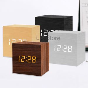 Bois Style Cube Réveil LED Commande Vocale Numérique Horloges De Bureau En Plastique Accueil Temps Température Alarmes Chambre Décoration Horloge TH0855