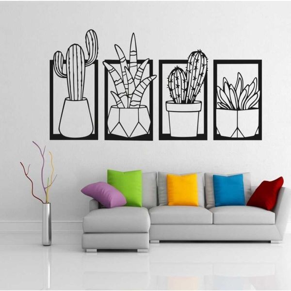 Décoration murale en bois Vase à fleurs de cactus Noir Couleur Découpé au laser Nature moderne Désert Bureau à domicile 3D Creative Élégant Salon Cuisine 210705