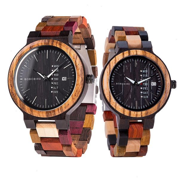 Reloj de madera para hombre y mujer, reloj de cuarzo con fecha semanal para parejas, banda de madera colorida con logotipo personalizado, venta al por mayor, envío directo