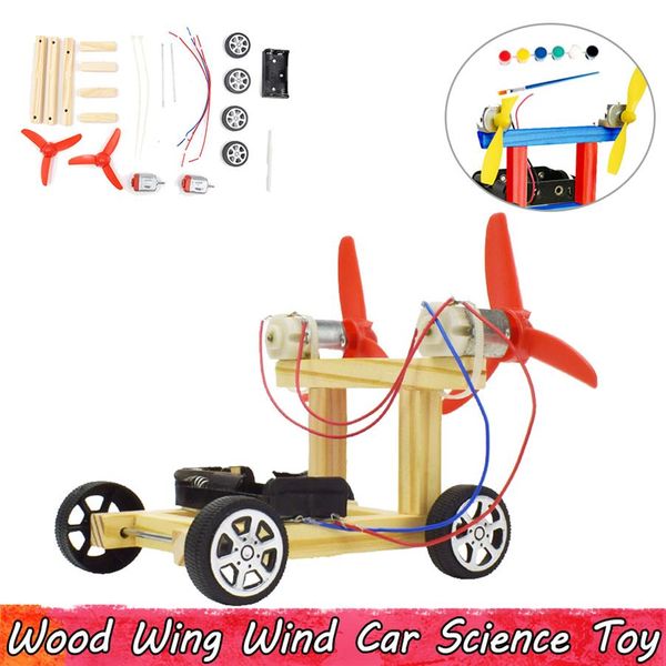 Wood Wing Wind Car Experiment Science Toys Diy Ensamblaje de juguetes educativos para niños Mejora la capacidad del cerebro regalos272p