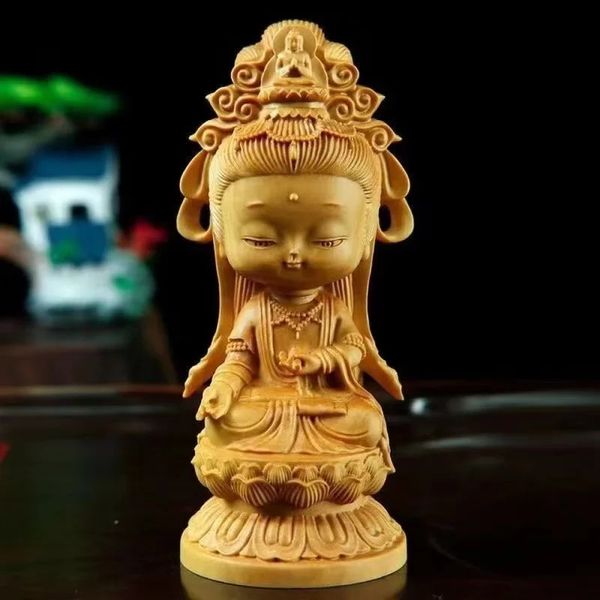 Cartoon de caricias de madera Guanyin Estatua a mano Tallado de madera maciza Feng Shui Guanyin Home Sala Decoración de la oficina 240429