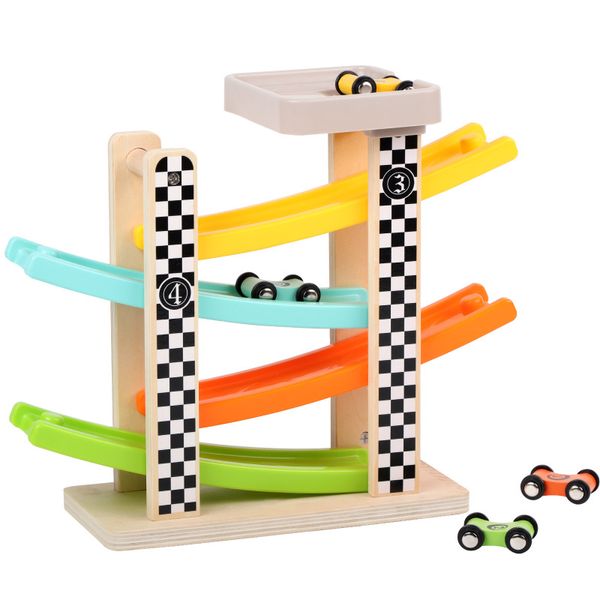 Nouveau quatre pistes jeux planeur puzzle pour enfants assemblage piste inertie retour voiture Creative course jouet en bois