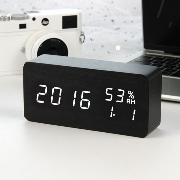 Alarme en bois LED Despertador Température Humidité Horloge de bureau électronique Horloges de table numériques Veilleuse Commande vocale 210310