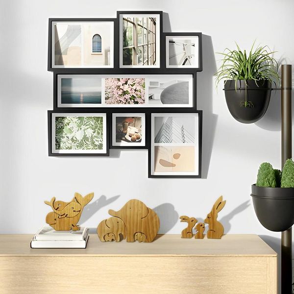 Famille d'animaux en bois puzzles Elephant Whale Lapin Familles Familles Figurines Ornements de bureau Artisanat d'art en bois pour décoration de maison