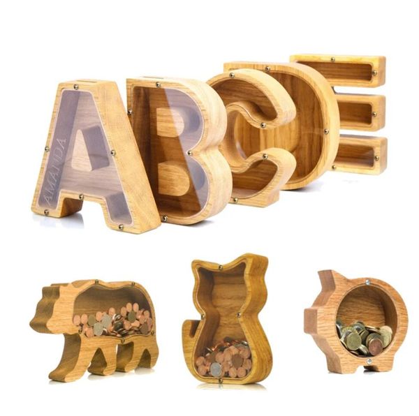 Boîte d'économie d'animaux en bois en bois pour enfants Elephant Piggy Banks Pig Whale Hippo Moneys Boîtes de rangement N0313