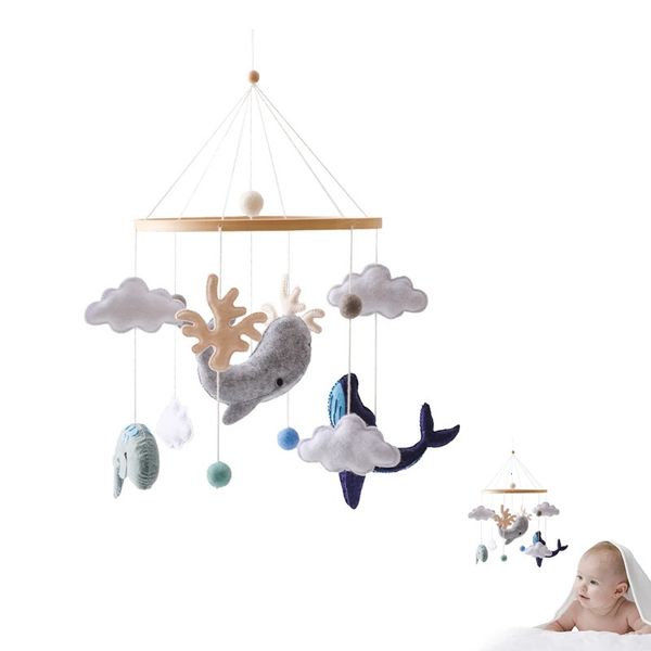 Bébé en bois Rattles Soft Felt Sea Animal Whale Scallop Cloud suspendu Pendre Bell Mobile Brib Montessori Toys for Kids Gift 240409