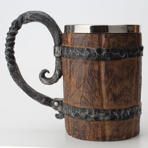 Houten vat roestvrij staal hars 3D bier mok goblet game tankard koffiekop wijn glas mokken 650 ml beste gift gift