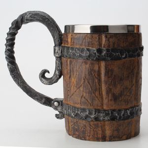 Barril de madera Resina de acero inoxidable Taza de cerveza 3D Juego de copa Jarra Taza de café Tazas de copa de vino 650 ml GOT Gift250s